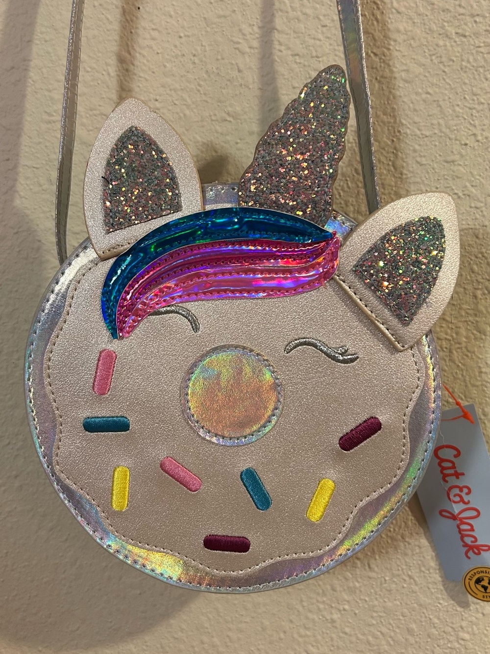 Cat & Jack Shimmery Pink Unicorn Donut Crossbody Bag with Rainbow Mane